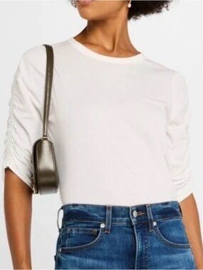 $138 Veronica Beard Pima Cotton Waldorf Tee Ruched Sleeves in White Size Medium